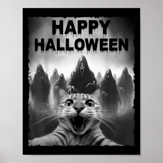 幽霊と写メする猫のハロウィンコスプレ ポスター (正面)