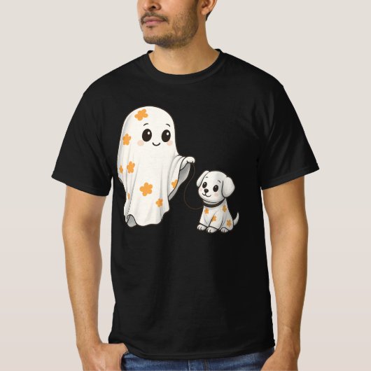 幽霊と子犬のハロウィーン – 一致する幽霊の衣装 Tシャツ (正面)