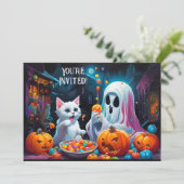 幽霊と子猫のハロウィンパーティー招待状 案内状 (スタンド正面)