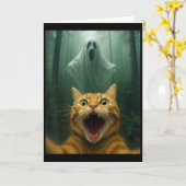 幽霊と恐怖の猫の自撮り _ おもしろハロウィンコス カード (黄色い花)