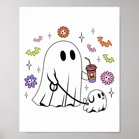 幽霊と散歩する犬のハロウィン コーヒー ポスター (正面)