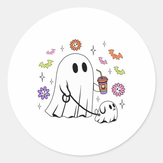 幽霊と散歩する犬 おかしな幽霊 ハロウィン コーヒー ラウンドシール (正面)
