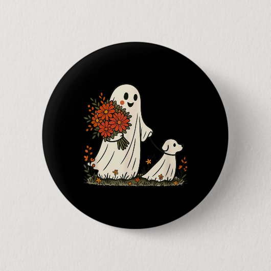 幽霊と歩く犬 スプーキーで面白いハロウィンの犬好き 缶バッジ (正面)