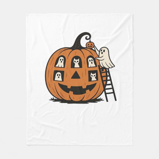 幽霊と猫とハロウィンのジャック・オ・ランタン フリースブランケット (正面)