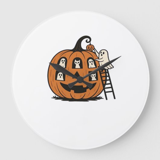 幽霊と猫とハロウィンのジャック・オ・ランタン ラージ壁時計 (正面)