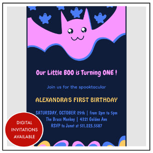 幽霊と飛ぶコウモリの可愛いboo ハロウィン1歳の誕生日 招待状