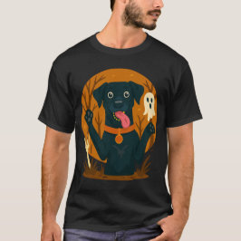 幽霊と黒犬のかわいいお化けデザイン Tシャツ