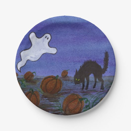 幽霊と黒猫がカボチャ畑に ペーパープレート (正面)