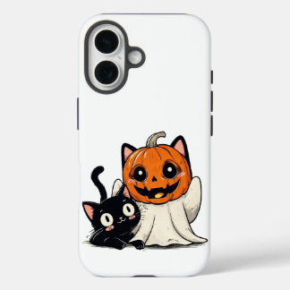 幽霊と黒猫がハロウィーンの仮面を着ている iPhone 16ケース