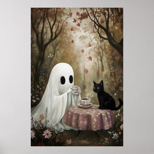 幽霊と黒猫が秋に紅茶を飲んでいる ポスター (正面)