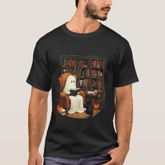 幽霊と黒猫のあったか図書館 ハロウィン Tシャツ (正面)