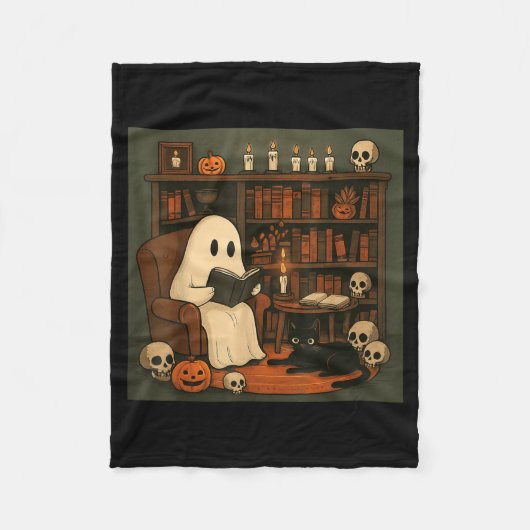 幽霊と黒猫のハロウィン読書シーン フリースブランケット (正面)