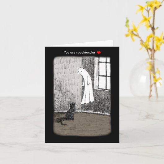 幽霊と黒猫の不気味なゴシックアートラブ カード (黄色い花)