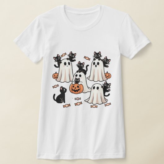「幽霊と黒猫コンパニオン不気味かわいいハロ Tシャツ (レイダウン)