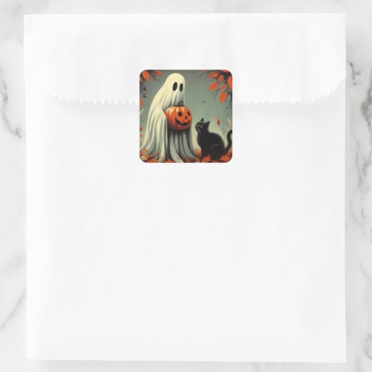 幽霊と黒猫レトロハロウィーン スクエアシール (バッグ)