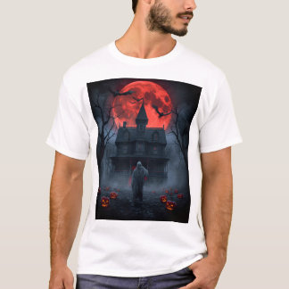 幽霊に取り憑かれた赤い月 ハロウィンTシャツ | スプーキーゴースト Tシャツ