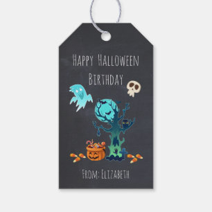 幽霊のこうもりスカル及びキャンデーとのハロウィンの誕生日 ギフトタグ