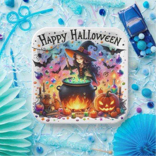 幽霊のよく出るカラフルハッピーハローウィンウィッチ紙プレート ペーパープレート (パーティー)