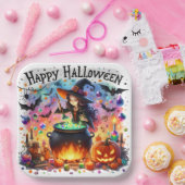 幽霊のよく出るカラフルハッピーハローウィンウィッチ紙プレート ペーパープレート (パーティー)