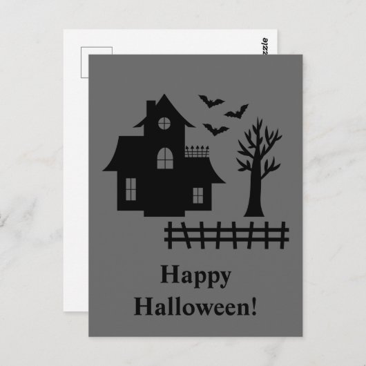 幽霊のよく出るハウスシルエットこうもりグレーハロウィーン ポストカード (正面/裏面)