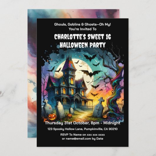 幽霊のよく出るハウスハロウィンスイーツ16バースデーパーティー 招待状 (正面/裏面)