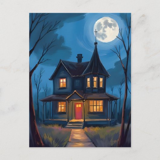 幽霊のよく出るハウスハロウィーンハ絵を描ンド シーズンポストカード (正面)