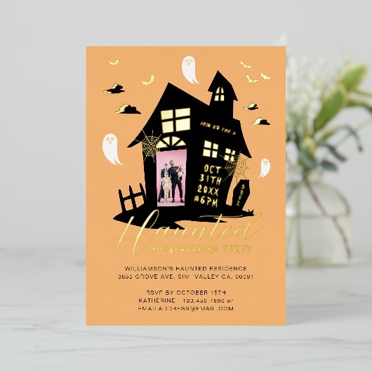 幽霊のよく出るハウスハロウィーン引っ越し祝いパーティーパーティー写真 箔招待状 (立ち正面)