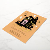 幽霊のよく出るハウスハロウィーン引っ越し祝いパーティーパーティー写真 箔招待状 (回転した状態)