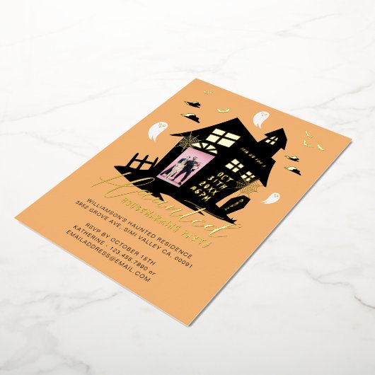 幽霊のよく出るハウスハロウィーン引っ越し祝いパーティーパーティー写真 箔招待状 (回転した状態)