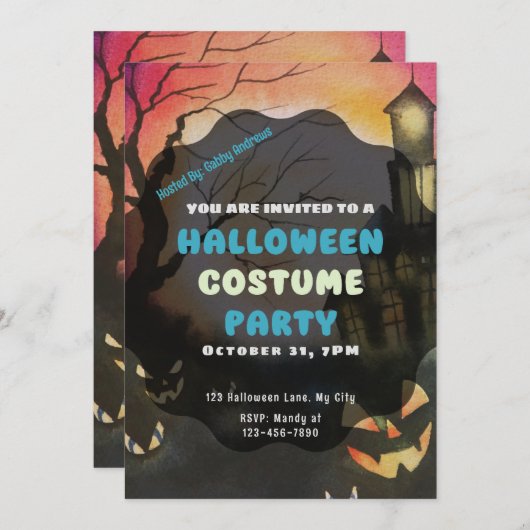幽霊のよく出るハウスフルムーンクリー不気味スハロウィン 招待状 (正面/裏面)