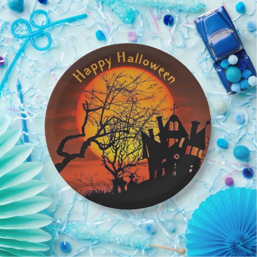 幽霊のよく出るハウスフルムーングラフィックハロウィーン ペーパープレート (パーティー)