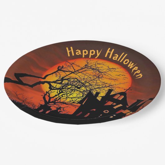 幽霊のよく出るハウスフルムーングラフィックハロウィーン ペーパープレート (アングル)