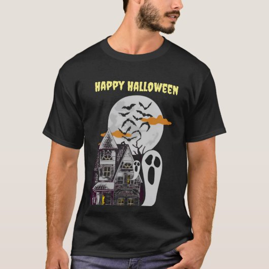 幽霊のよく出るハウス&飛んでいるこうもりハロウィーンTシャツ Tシャツ (正面)