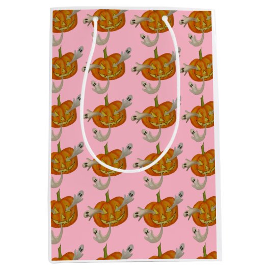 幽霊のよく出るハロウィーンのカボチャのちょうちん ミディアムペーパーバッグ (正面)