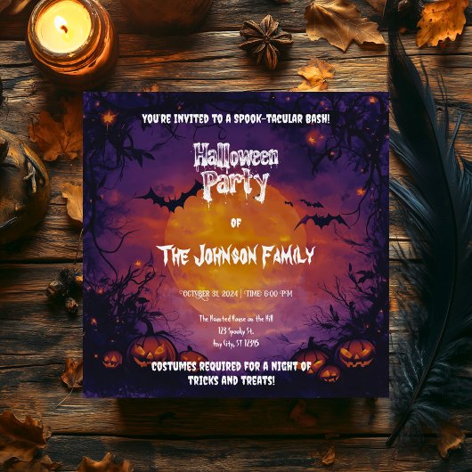 幽霊のよく出るハローウィンパーティとカボチャ&こうもり 招待状