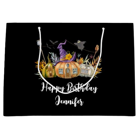 幽霊のよく出るパンプキンハウスウィズ幽霊&こうもり誕生日 ラージペーパーバッグ (正面)