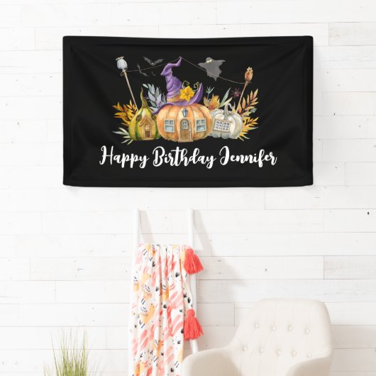 幽霊のよく出るパンプキンハウスウィズ幽霊&こうもり誕生日 横断幕 (インサイチュ)
