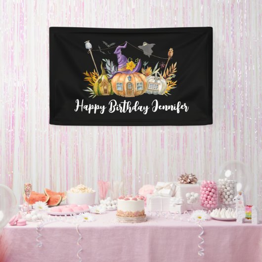 幽霊のよく出るパンプキンハウスウィズ幽霊&こうもり誕生日 横断幕 (パーティー)