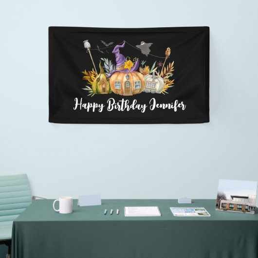 幽霊のよく出るパンプキンハウスウィズ幽霊&こうもり誕生日 横断幕 (トレードショー)