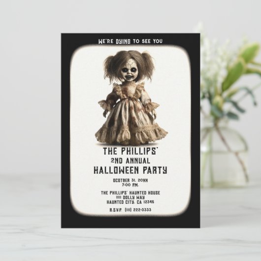 幽霊のよく出る人形不気味ハロウィーンの衣装パーティー 招待状 (スタンド正面)