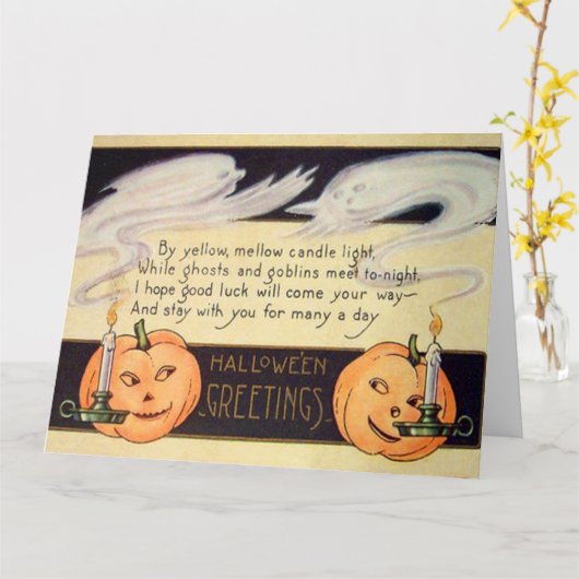 幽霊のハロウィーンのカボチャのちょうちんの蝋燭のヴィンテージハロウィン カード (黄色い花)