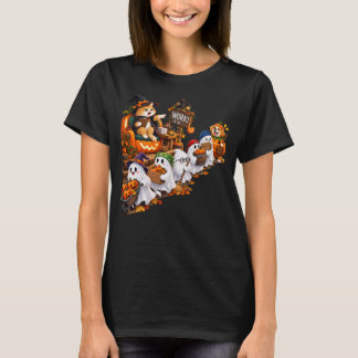 幽霊のボスが待つ猫と犬のハロウィンお仕事クルー Tシャツ