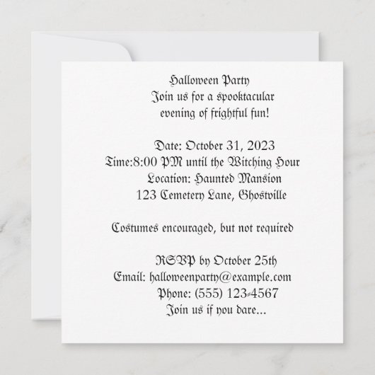 幽霊の仮面舞踏会：ファントム仮面舞踏会 招待状 (裏面)