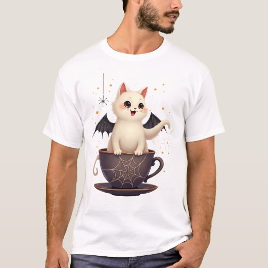 幽霊の出るティーカップにいるネコ Tシャツ (正面)