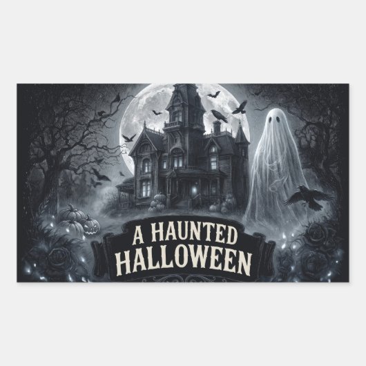 幽霊の出るハロウィーン アンティーク ゴシック イラスト 長方形シール (正面)