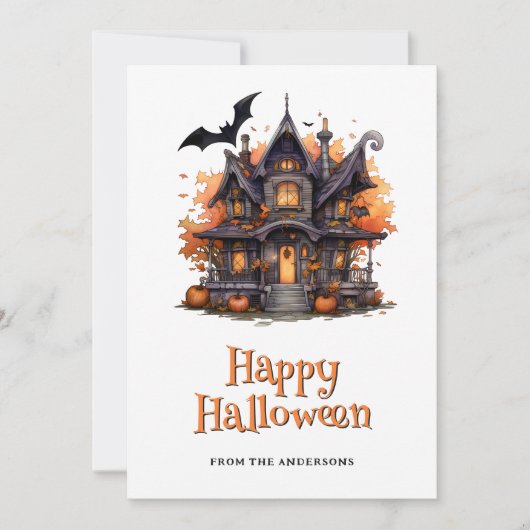 幽霊の出る家のカボチャ コウモリ 幽霊 ハロウィンカード シーズンカード (正面)