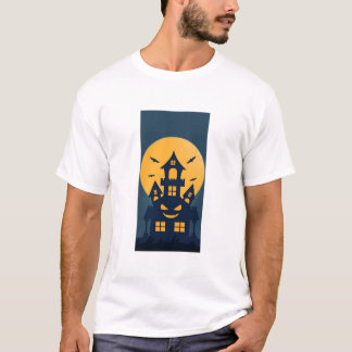 幽霊の出る屋敷の満月のハロウィーンのシルエット Tシャツ