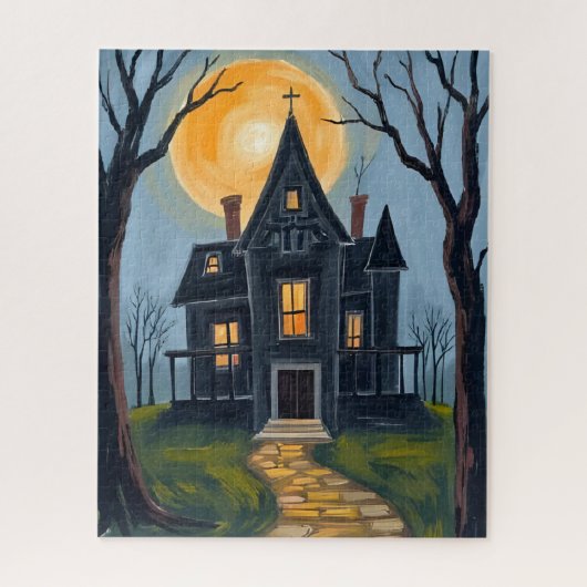 幽霊の出る屋敷 | スプーキー・ハロウィーンの水彩画 ジグソーパズル (縦)