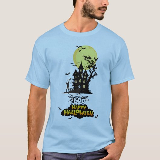 幽霊の出る屋敷 Boo ハッピーハロウィン デザイン Tシャツ (正面)