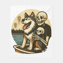 幽霊の出る湖の上の骸骨と犬のホラーアート フリースブランケット